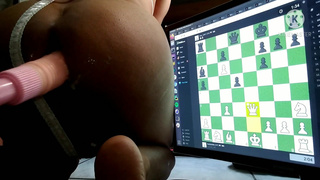 Slutty lingerie sissy in chastity playing chess online while her fucking machine pounds her boipussy