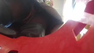 Sissy in chastity cage and two buttplugs underskirt at market & public cum at parking