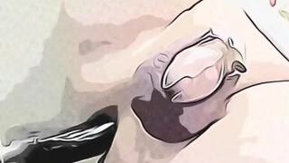 Caged sissy gets machine fucked close up w/filter