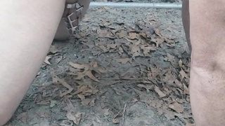 Mistress slave to pee outside with dick still caged