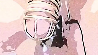 Dribbling precum in electro chastity cbt via CamArt