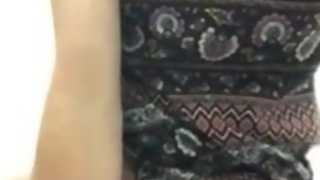 Cross-dressing sissy stuffs ass with cock in public restroom