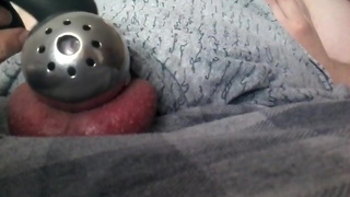 Cumming in chastity cage with a vibrator and eating the mess