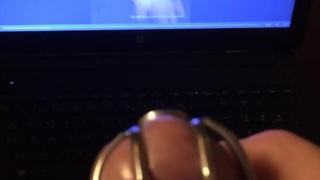 Watching Mistress Souzan squirt and squeezing balls while wearing cockcage