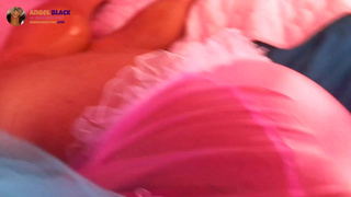 Angel Black Prissy sissy in plastic chastity dry humps to interracial porn