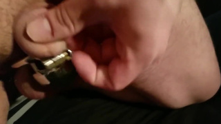 Cock locked slave tries to pull out inescapable chastity cage