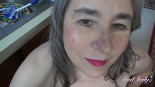 Aunt Judy's - Your Busty Step-Aunt Grace Gives You a Handjob in the Kitchen (POV)
