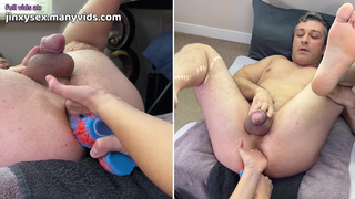 She fucks him with anal toy + hand