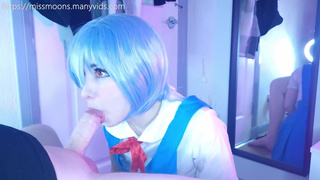 Rei Ayanami first time, fucks rough with her big oiled ass, makes step dad cum loads over cute face