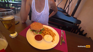Eating burger and flashing in the cafe Transparent T-shirt No Bra (teaser)