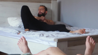 Guy jerks off in front of me and that brings my shaved tight pussy to real orgasm