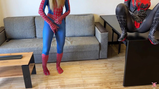 - Oh, no, I was bitten by a black spider! - And I was bitten by a red one. Let's squirt!