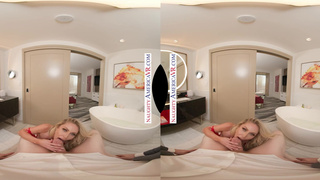 Blonde Pornstar Sadie Summers wears lingerie before riding your cock in VR
