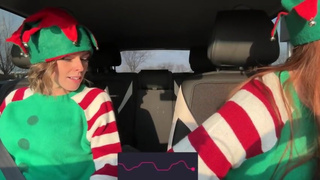 Nadia Foxx & Serenity Cox as Horny Elves cumming in drive thru with remote controlled vibrators / 4K