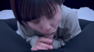 Short-cut college student with dark hair gets oral ejaculation in a thick blowjob and a lot of sperm