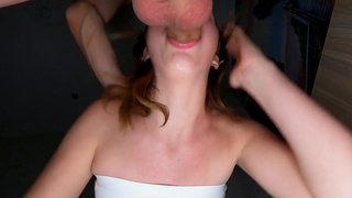 Small-titted babe gets a huge throatpie after an intense blowjob.