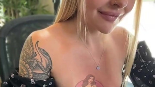 Tattooed Blonde in Black Dress Teases with Feet and Toy
