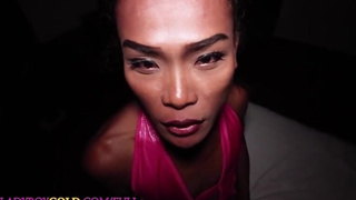 Petite dark skinned ladyboy Jina sucking his big cock before butt fucking
