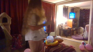 Shy Busty Brunette Popping Balloons For Fans