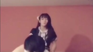 Sissy ladyboy maid is very active and fucking a masked fag in the ass