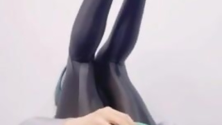 Slender femboy in shiny leotard & pantyhoses anal masturbates using an alien dildo