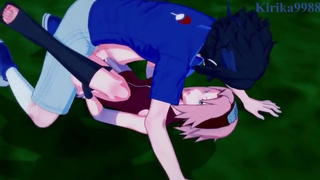 Sakura Haruno and Sasuke Uchiha have intense sex in a park at night. - Naruto Hentai