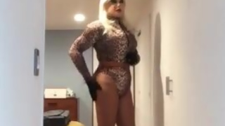 Sloan being ladylike (female mask, skirt, pantyhose, mask, crossdress, trans, wig, heels, transform)