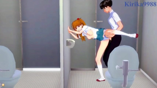 Asuka Langley Soryu and Shinji Ikari have deep sex in the school bathroom. - Evangelion Hentai