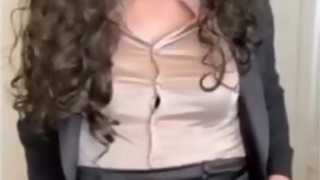 Trans Secretary wanks her cock