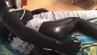 Latex sissy chastity and dildo play