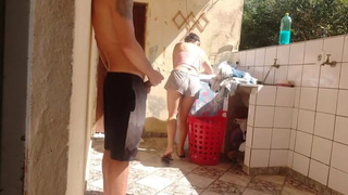 I caught my stepdaughter doing laundry in shorts, I got horny and like her super luscious pussy