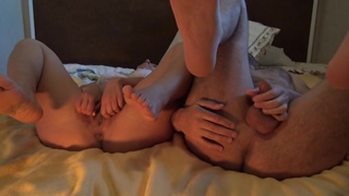 real stepmother and stepson share a bed and start mutual masturbating