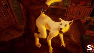 Horny wolf girl fucks the lumberjack with a big cock who ends up cumming in her mouth