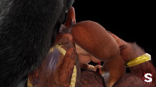 Furry girl with huge tits gets fucked by two monster cocks so they cum in her mouth in wild sex from